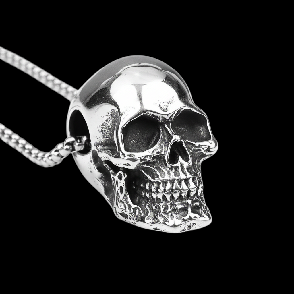GOTHIC HOUR black polished stainless steel skull pendant necklace with detailed features on a silver chain