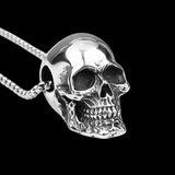 GOTHIC HOUR black polished stainless steel skull pendant necklace with detailed features on a silver chain