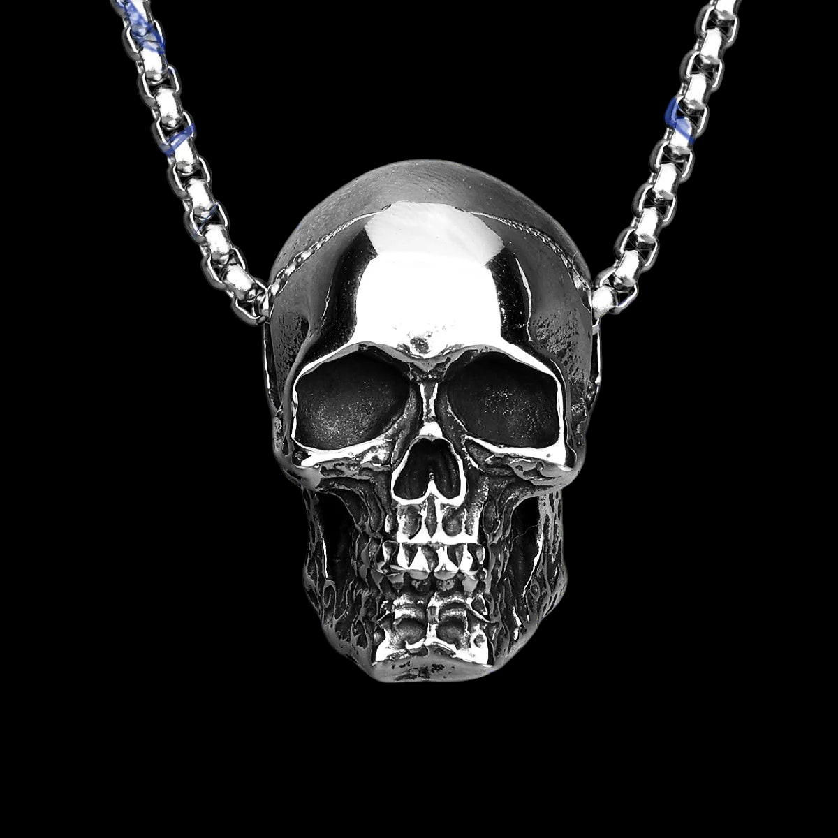 GOTHIC HOUR black polished stainless steel skull pendant necklace with detailed features on a box chain