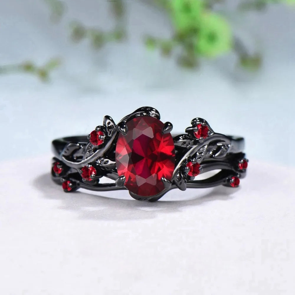 Gothic Blood Rose Thorn Branch Ring Set (2-Piece)