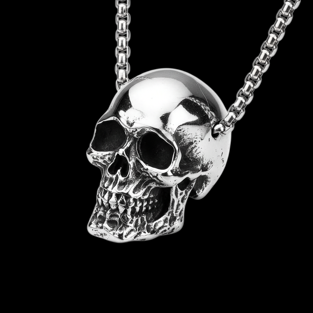 GOTHIC HOUR unisex black polished stainless steel skull pendant necklace with detailed design on a silver chain