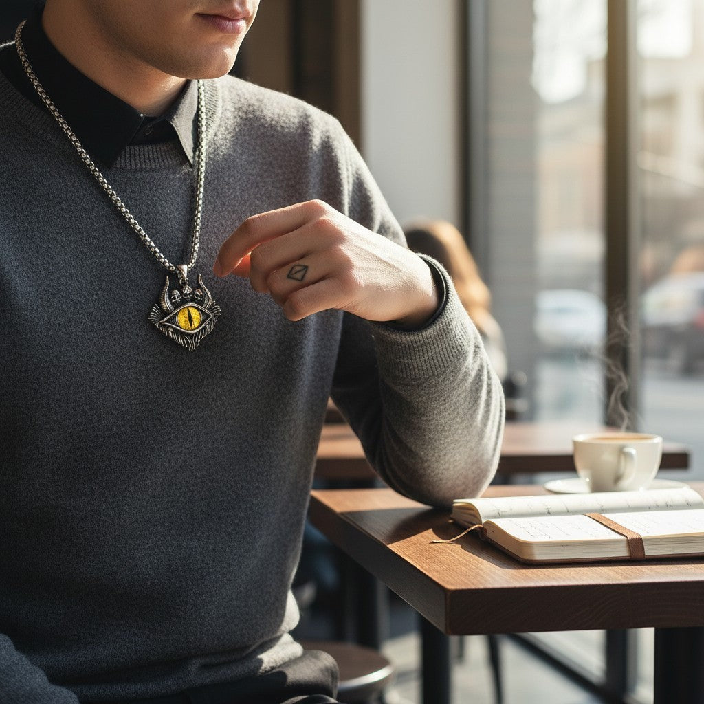 GOTHIC HOUR Infernal Eye pendant necklace featuring a yellow iris and silver skull details worn by a man in a cafe.